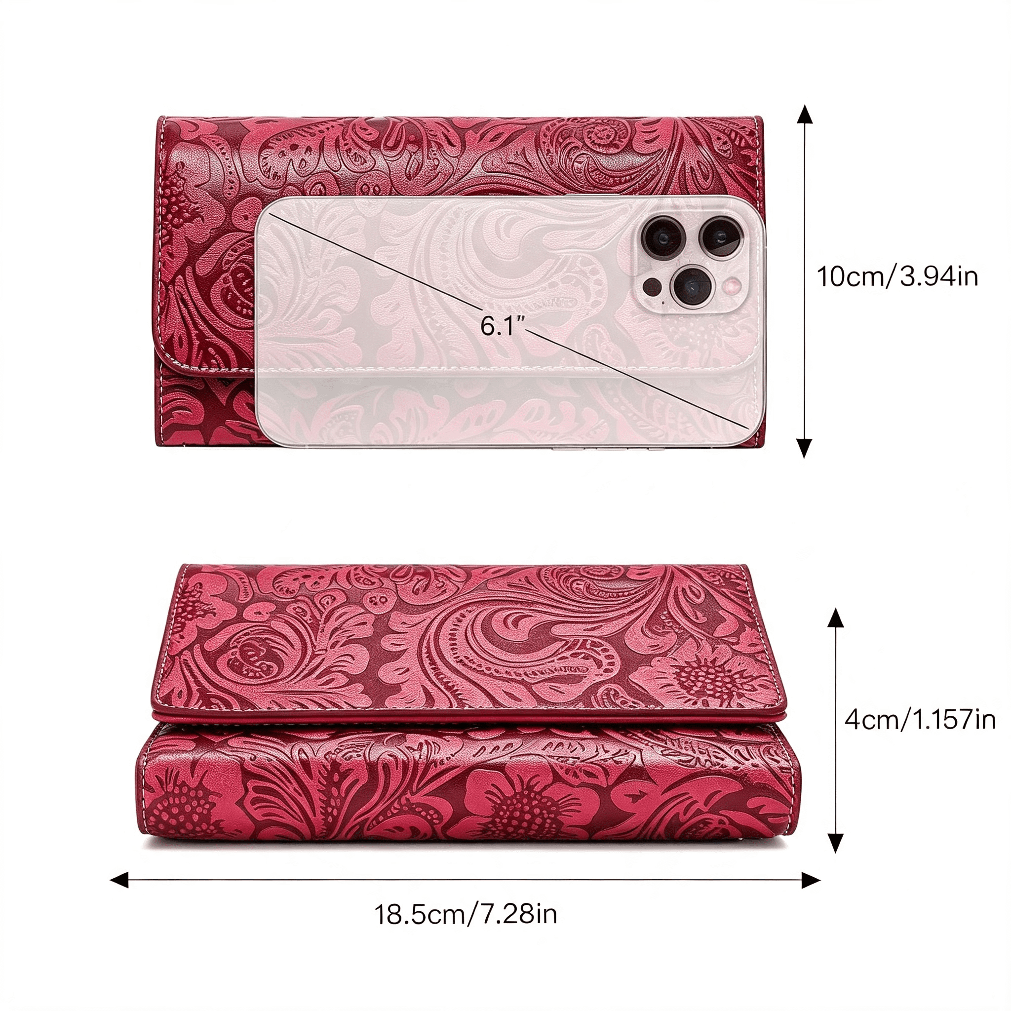 GASTROPOD Leather Wallets for Women Rfid Blocking Western Clutch Red | Embossed Design,Trifold,Large Billfolds,Vintage Flower,Ladies Purses with Zipper Coin Pocket
