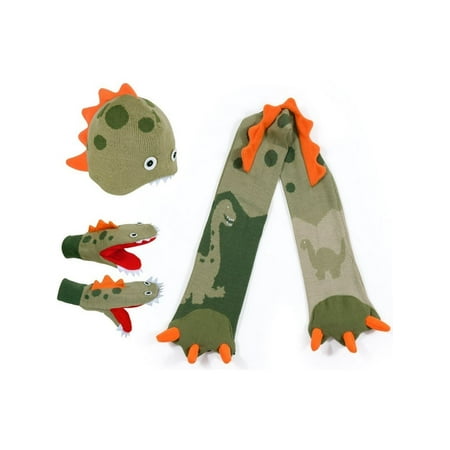 - Boys Green Dinosaur Hat Scarf Gloves Handmade Winter Set
