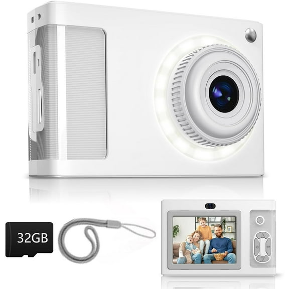 Digital Camera Kids Camera FHD 1080P 50MP Vintage Camera with 8X Zoom Anti Shake Portable Digital Cameras for Kids Teens Seniors Gift with 32GB Card White