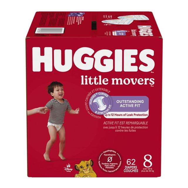 Huggies Little Movers Baby Diapers, Mega colossal pack, Size 8, 62 Count