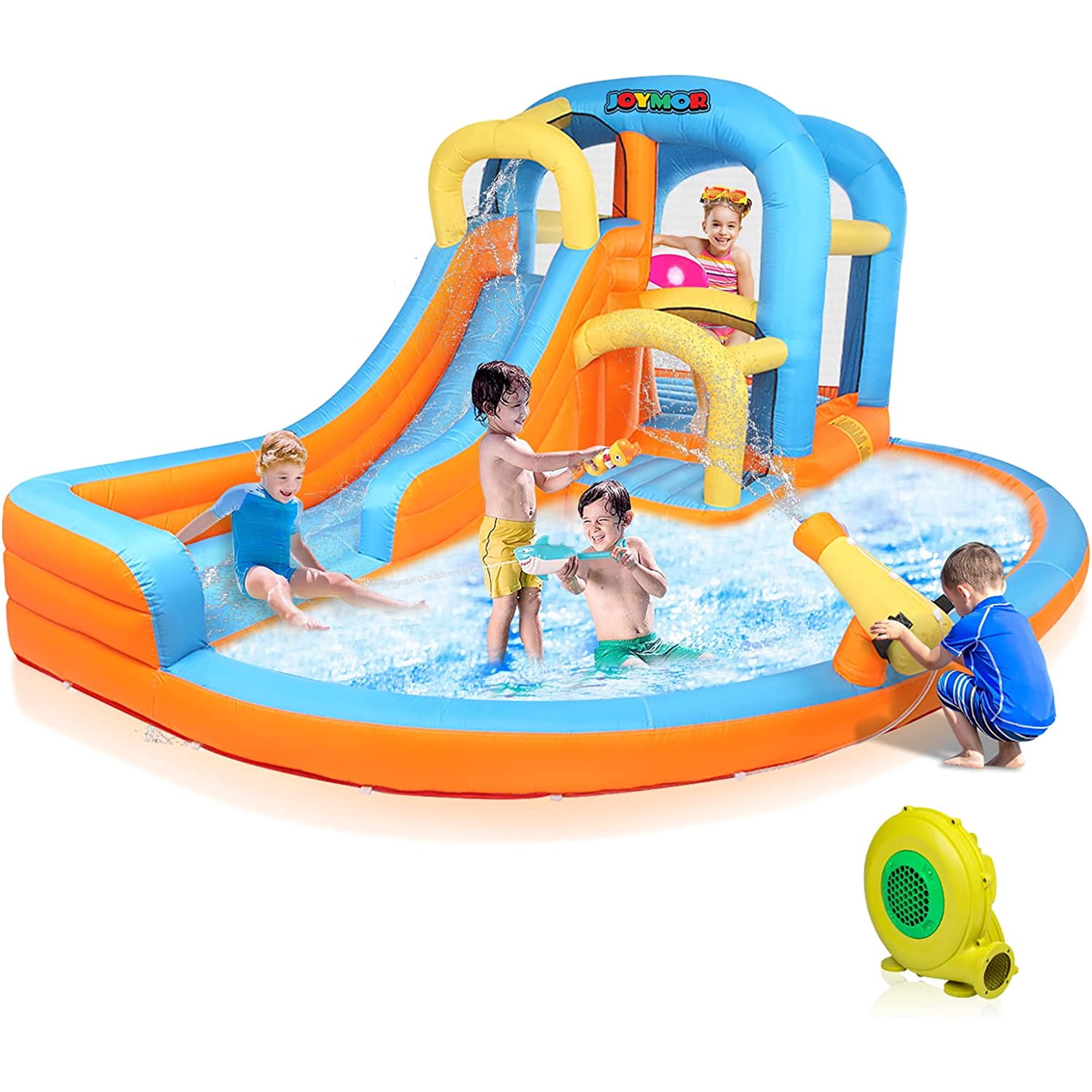JOYMOR 5-in-1 Inflatable Water Slide Park Water Bounce House w/Air Blower Climbing Wall Double Jump Area Splash Pool Water Cannon Wet or Dry Combo Castle Outdoor Backyard Playhouse for Kids