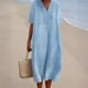 thumbnail image 3 of Vestido de mujer de algodón y lino de color liso con escote en V grande y moderno, 3 of 6