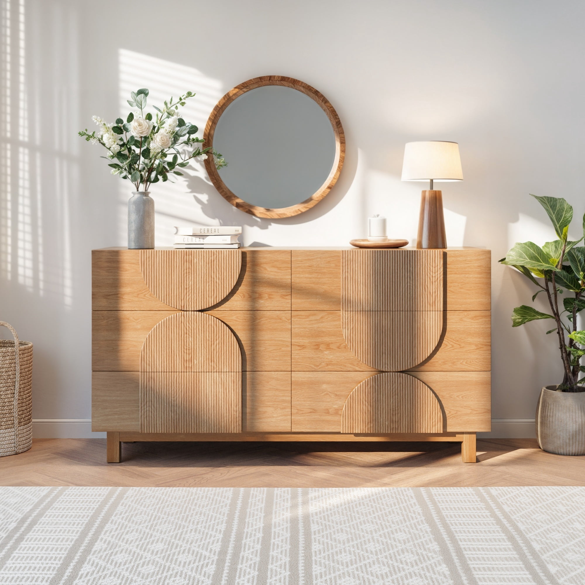 Alvantor 6 Drawer Dresser, 60" Wide Wooden Chest of Drawers, Fluted Dresser for Bedroom,Living Room, Hallway Natural