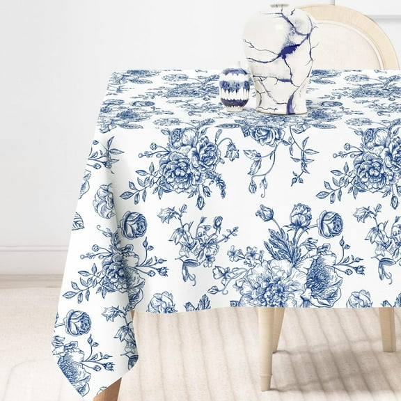 Blue Floral Tablecloth Square Chinoiserie Flowers Fabric Table Cloth Washable Table Cover for Picnic Dinner Table Decoration, 60 x 60 Inch