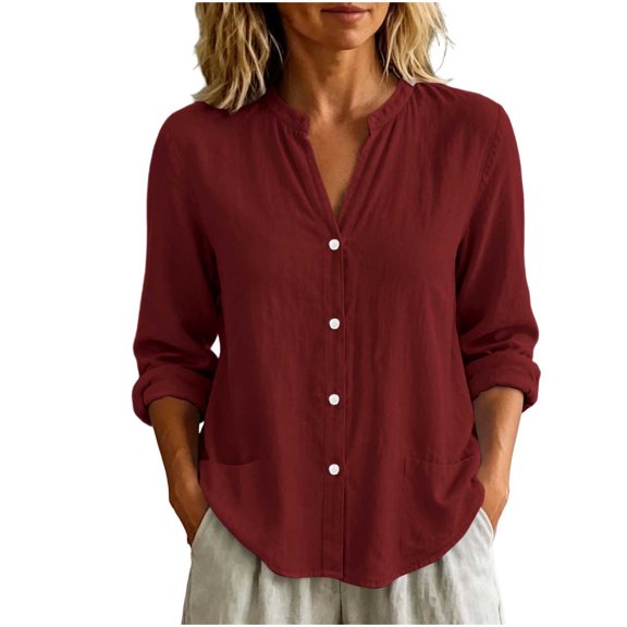Cotton Linen Button Down Shirt for Women Ghalytn V Neck Stand Collar Blouse - Long Sleeve Casual Top with Pockets