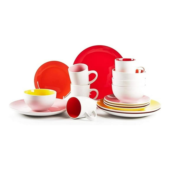 Stoneware Dinnerware Set 16pc, Coupe Shape - Rose, Red, Orange, Yellow - Service for 4 - Plates, Bowls & Mugs - Microwave & Dishwasher Safe