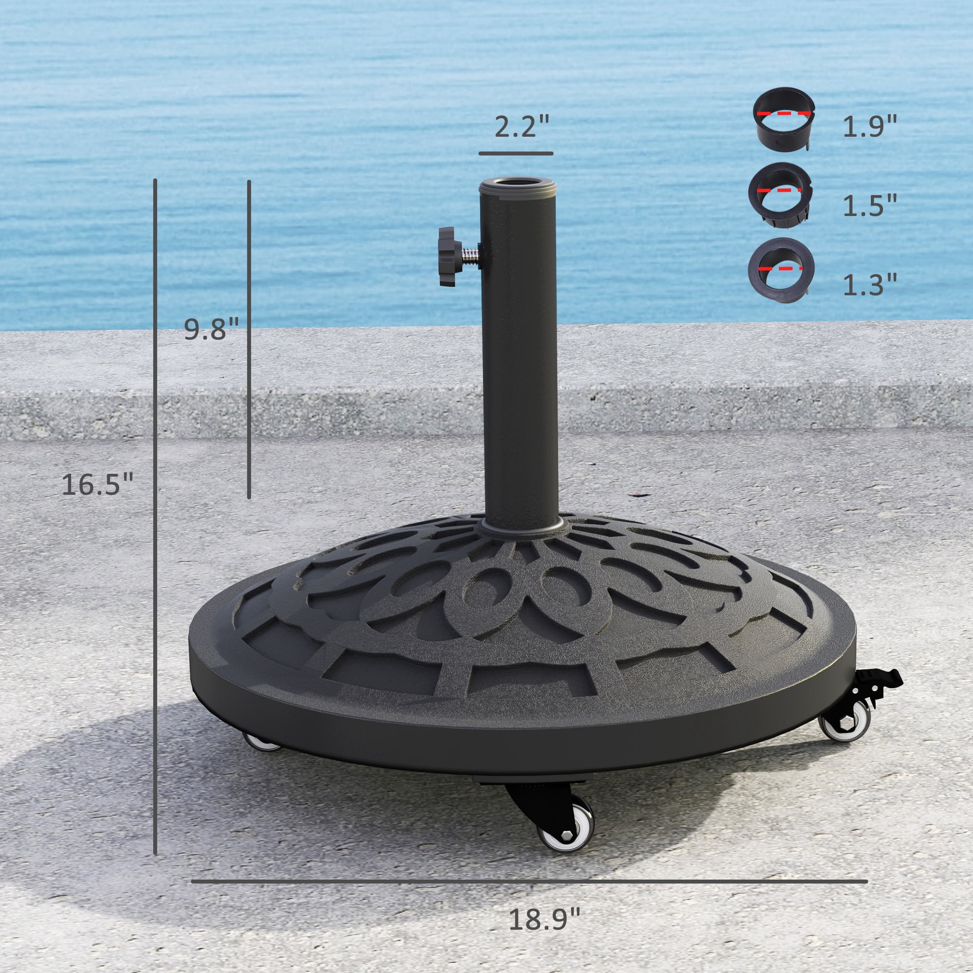 Outsunny Round Patio Umbrella Base with Wheels, 46 lbs Resin Umbrella Stand Base, Patio Umbrella Holder for 1.3"/1.5"/1.9" Umbrella Poles, Black
