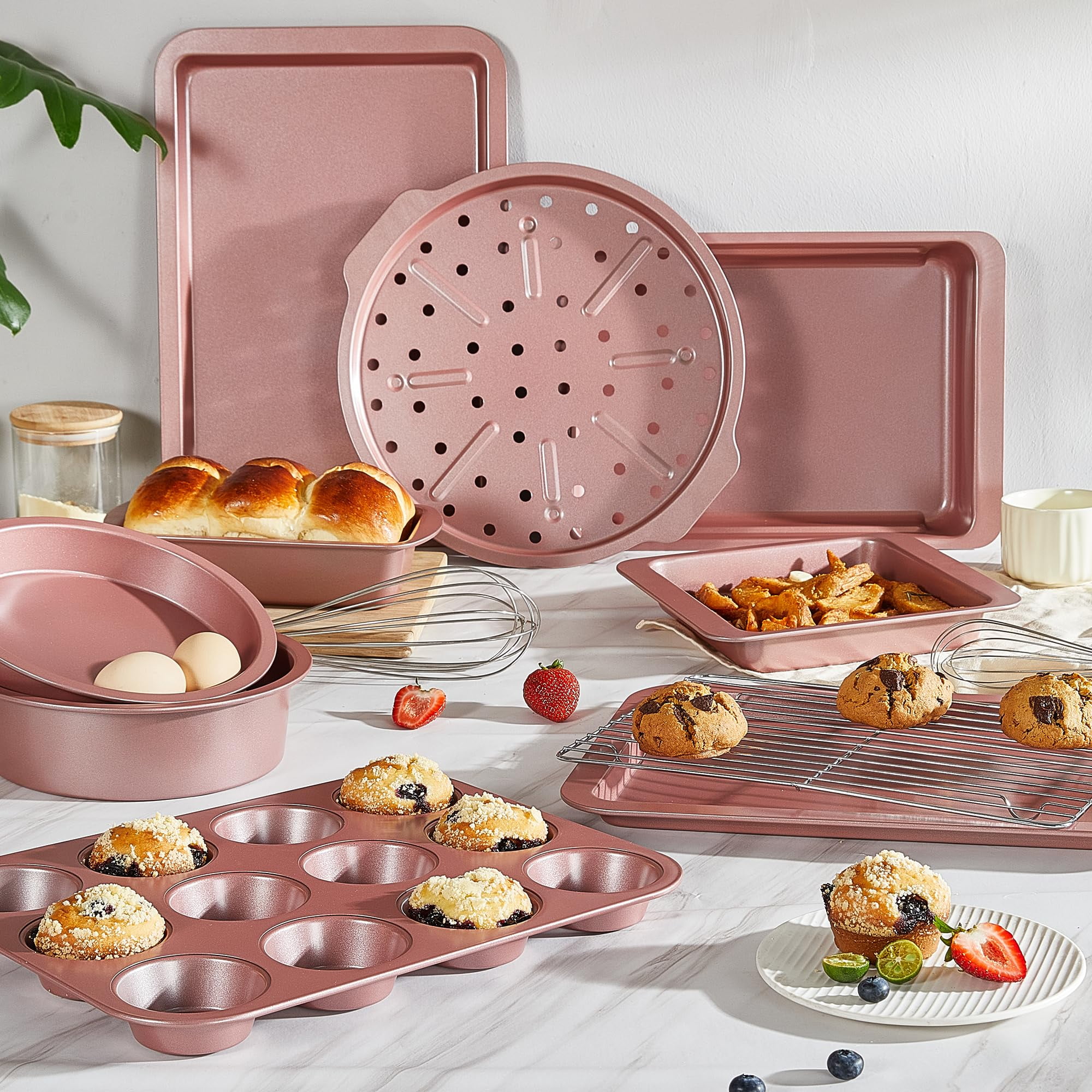 HONGBAKE 10-Piece Nonstick Carbon Steel Bakeware Set, Baking Pan Set with Baking Sheets, Cake Pans, Loaf Pan & Muffin Pan, Pink