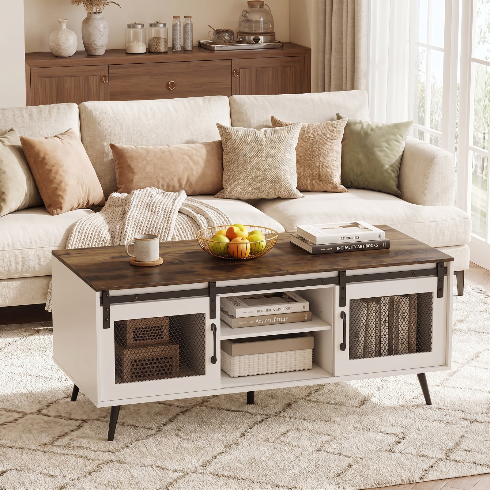 Furnibear 48 Inch Farmhouse Coffee Table with Sliding Mesh Doors Adjustable Shelf and Two Cabinets for Living Room, Rustic Brown