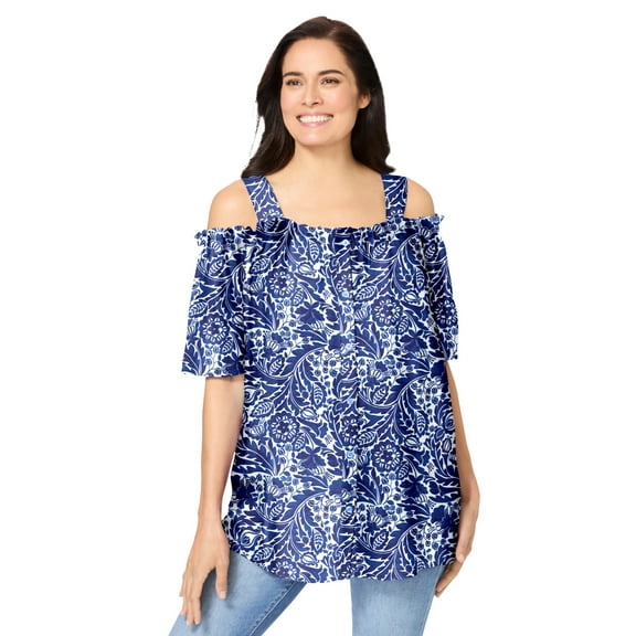 Woman Within Plus Size Printed Cold-Shoulder Blouse