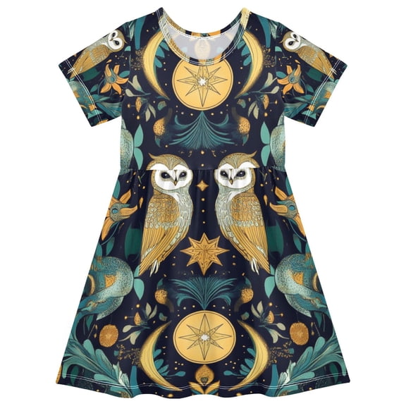 FORMRS Girls Short Sleeve Dress Summer Casual Round Neck A-line Beach Sundress, Sizes 2T-8T, Brown Mystical Owls