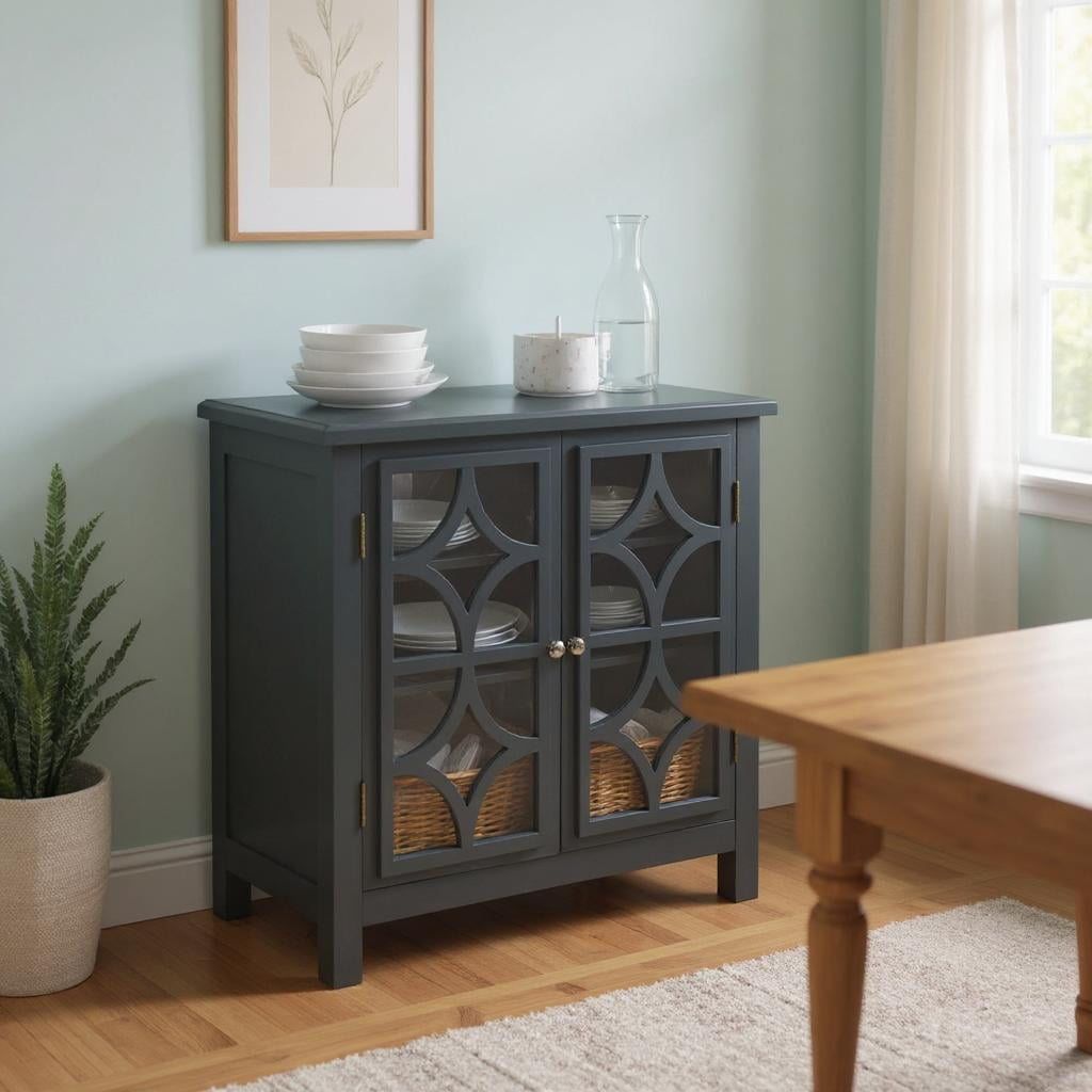 Buffet Homy Casa élégant avec miroir et portes sculptées en losanges, parfait pour la salle à manger, le hall d'entrée et le bar.