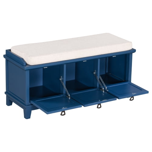Storage Bench with 3 Drop Down Storage Doors Entryway Storage Bench Shoe Bench with Removable Cushion Upholstered for Entryway Hallway Living Room Needs Assemble Navy Blue Walmart