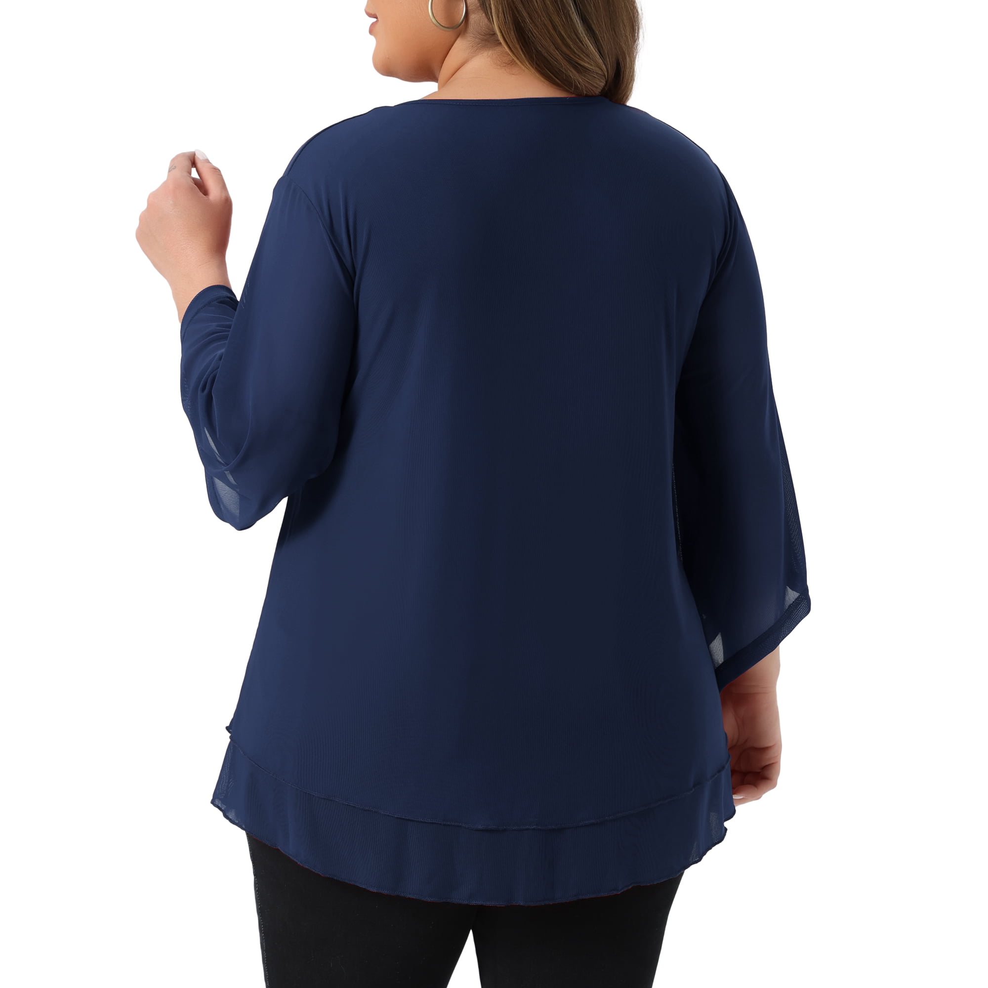 DARING DIVA Women's Plus Shirt 3/4 Sleeve Scoop Neck Double Layers Blouse Top 4X Navy Blue