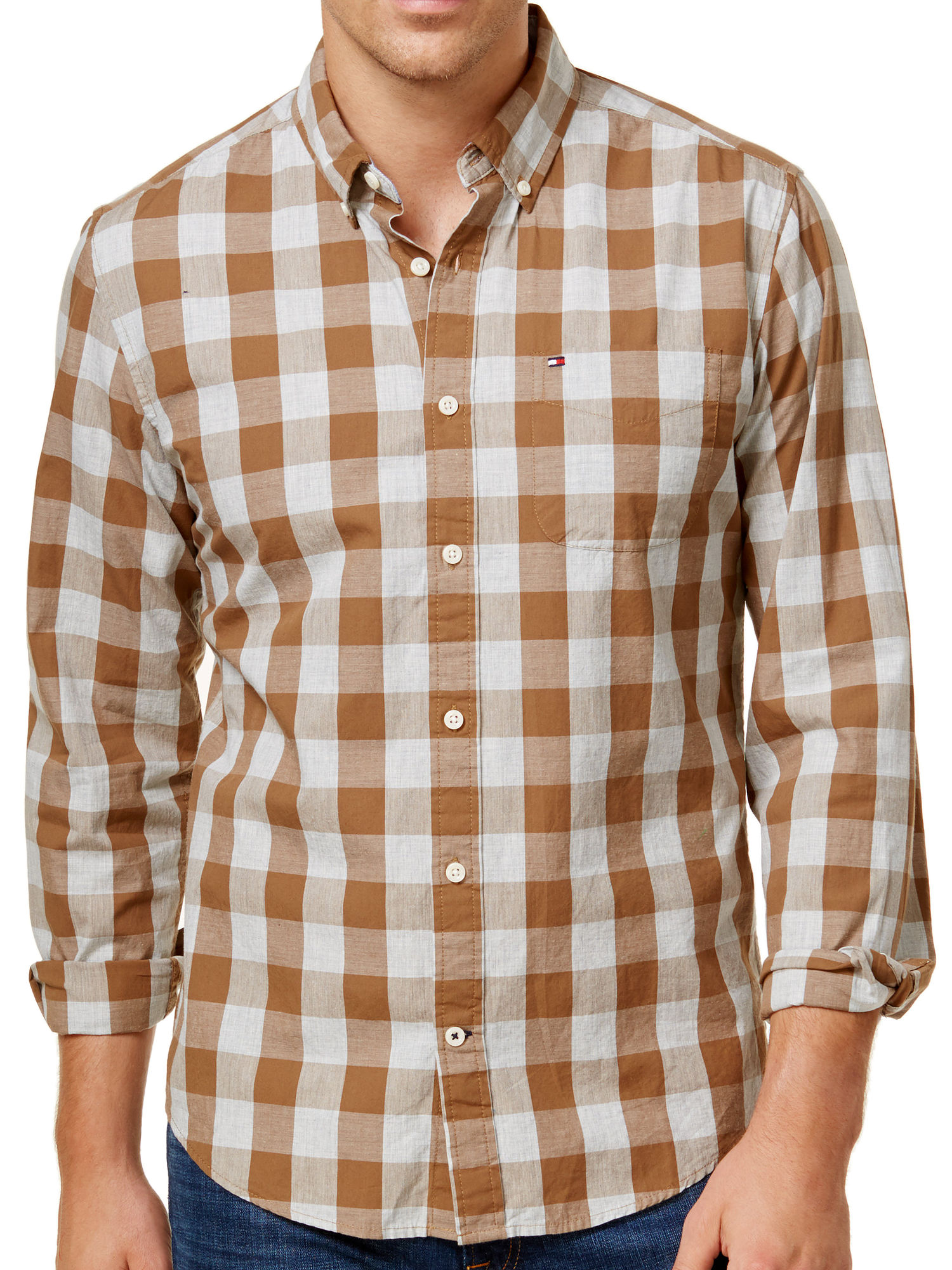Tommy Hilfiger Mens Brown Plaid Button 