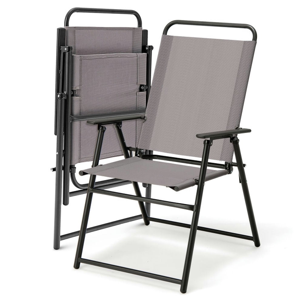 Topcobe Set of 2 Outdoor Folding Sling Chairs with Armrest and Backrest, Outdoor Patio Chair-Gray