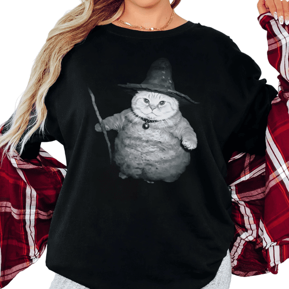 Women's Funny Wizard Cat Fat Cat Meme Graphic Comfortable T Shirt Casual Short Sleeve Round Neck Top Black S-5XL