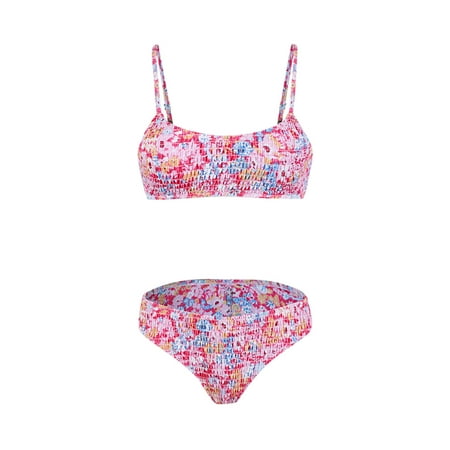 Wyobmus Womens High Waisted Bikini Set Ditsy Floral Print High Cut Bathing Suit Spaghetti Straps Tube Tops With Cheeky Bottoms 2 Piece Swimsuits Hot Pink