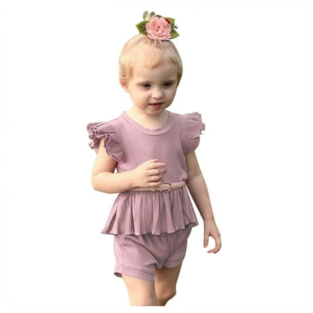 

Fesfesfes Toddler Baby Girls Ruffles Fly Sleeve Solid Tops Shorts Outfits Sets