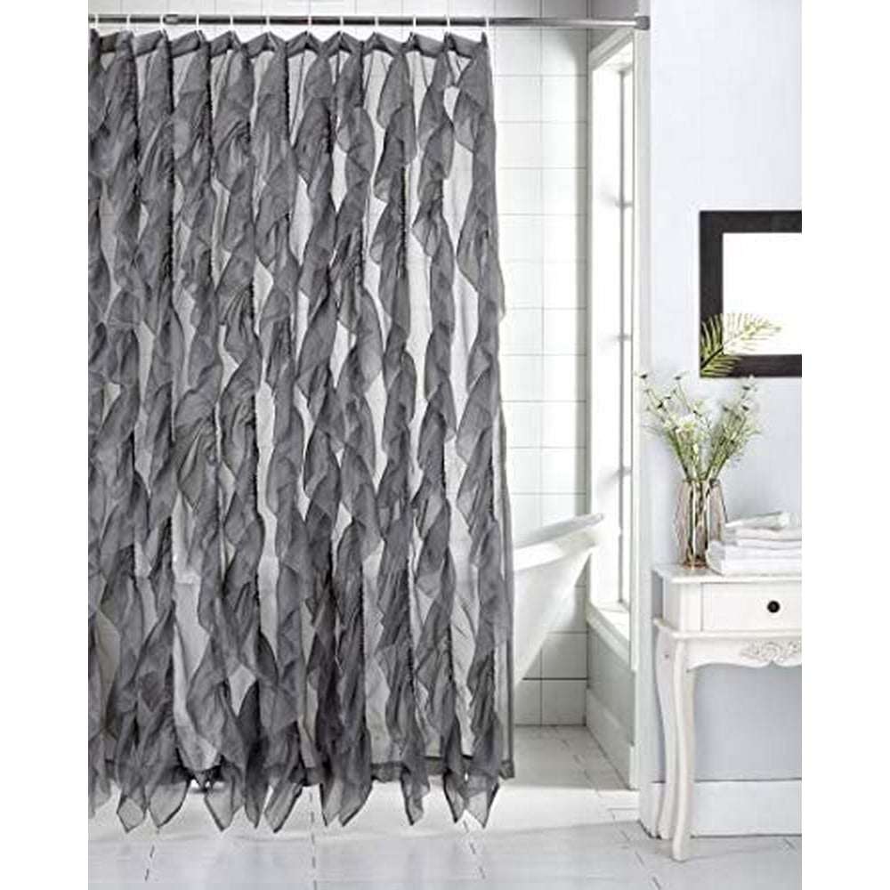 Cascade Waterfall Shabby Chic Ruffled Sheer Shower Curtain (Grey, 70" x