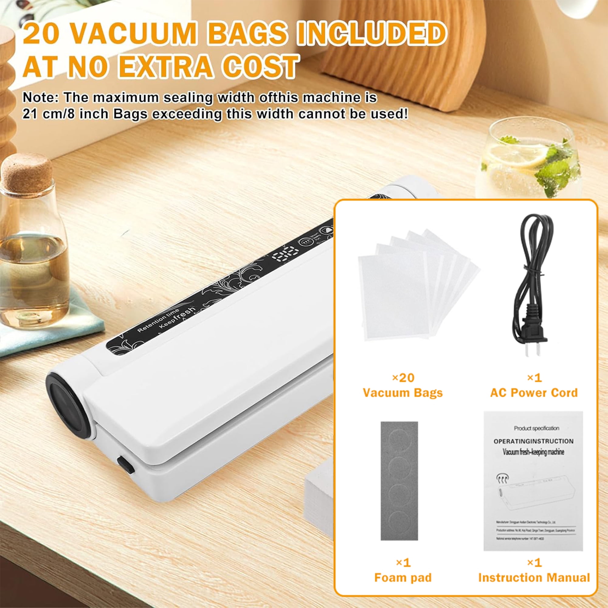 Food Vacuum Sealers, Vacuum Sealer Machine with 20 Storage Bags, Compact Vacuum Sealer for Food,75KPA Strong Suction,Moist/Dry Modes,Digital Timer,8X Preservation & Fresh, Ideal for Home Kitchen Use