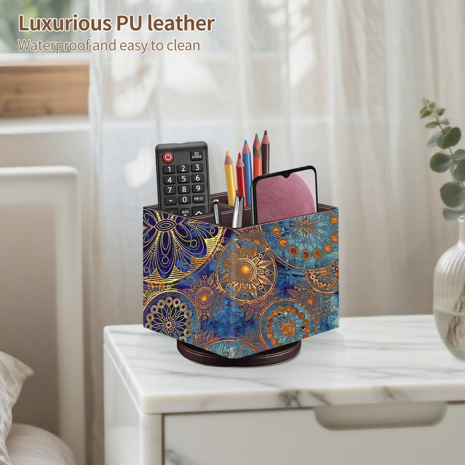 Remote Control Holder PU Leather TV Caddy for Table, 360 Swivel Pen Desk Organizers and Accessories, Nightstand Organizer Bedroom/ Office, Home Decorations Living Room