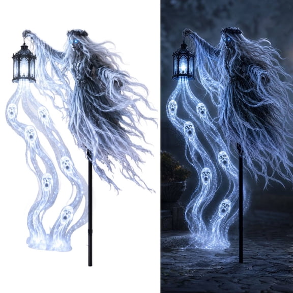 Halloween Soul Harvester Animated Garden Light – Solar Powered Outdoor Reaper Yard Stake Decor with Glowing Ghost Spirit Lantern, Rising Flowing Light for Haunted Display