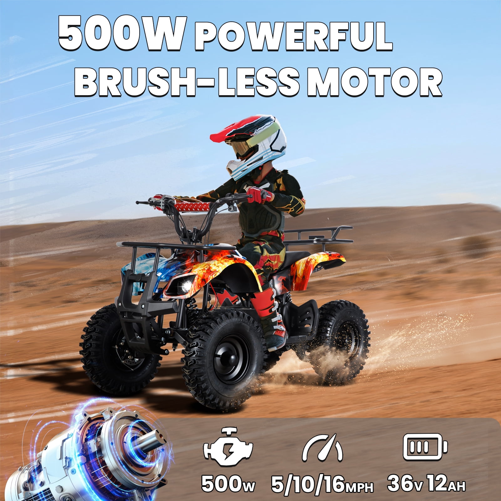 500W Dirt Quad - 36V Powered Ride On ATV, Electric Powerful 4-Wheeler for Big Kids, Up to 16 mph, Blue
