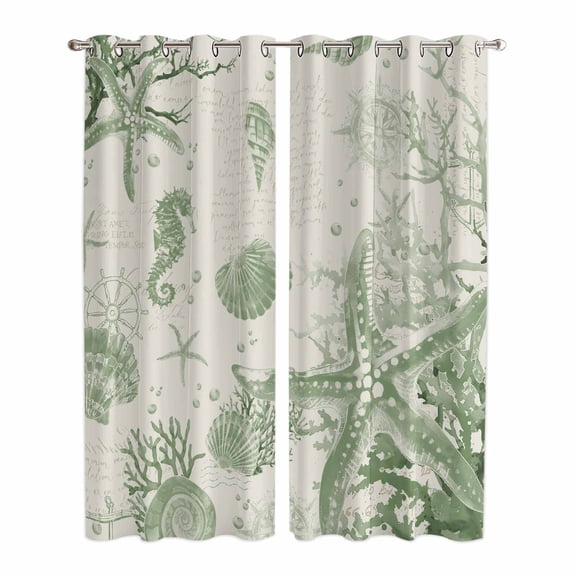 Sage Green Starfish Kitchen Curtains 96 Inch Length, Coastal Nautical Seahorse Conch Grommet Top Bedroom Living Room Curtains, Light Filtering Cafe Curtain Drapes 2 Panels Set 104''x96''