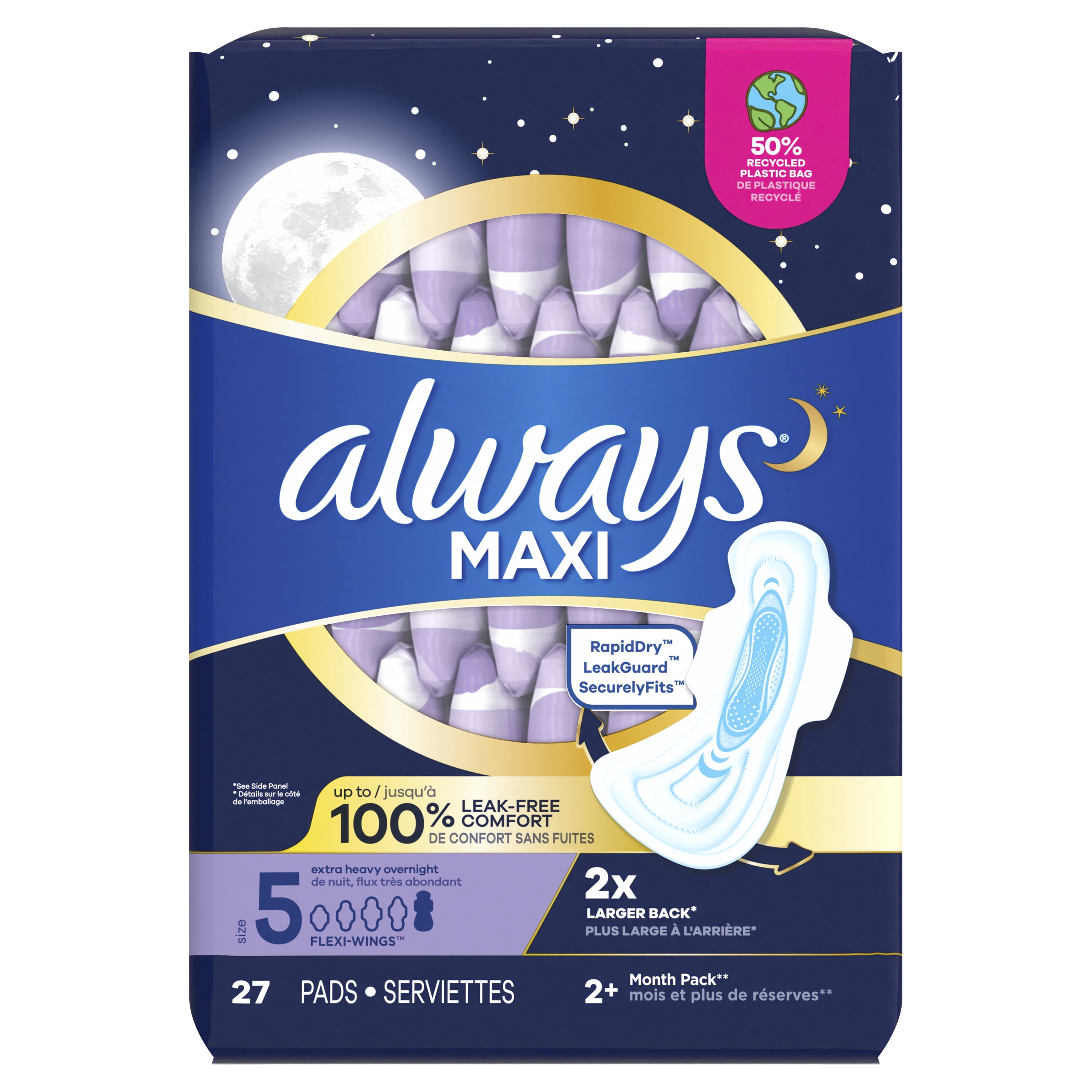 Always Maxi Pads with Wings, Size 5, Extra Heavy Overnight Absorbency, 27 CT