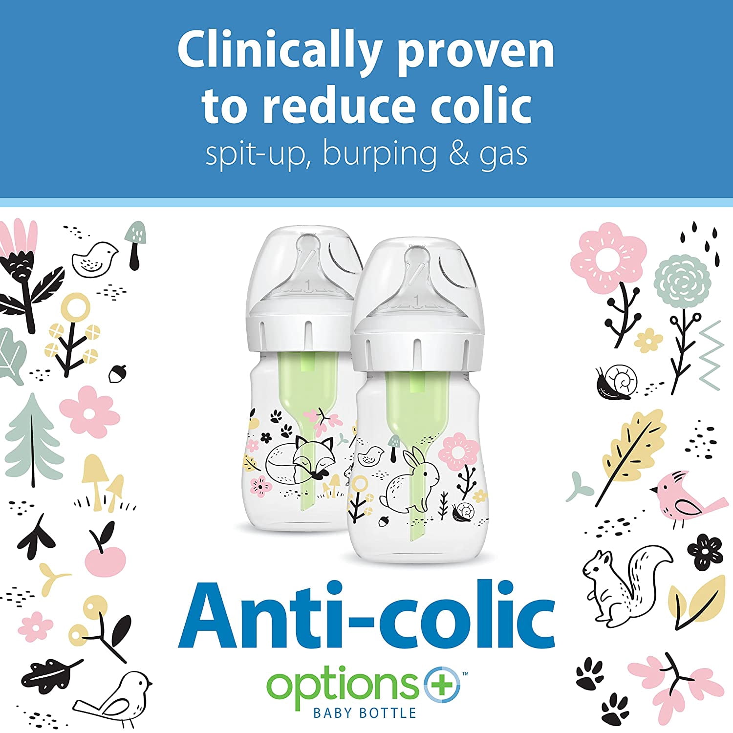 Dr. Brown’s Natural Flow Anti-Colic Options+ Wide-Neck Baby Bottle Designer Edition Bottles, Woodland Decos, 5 oz/150 mL, Level 1 Nipple, 2-Pack, 0m+