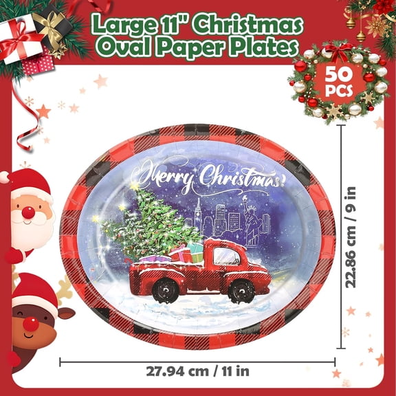 YUYAN-50 Pcs Christmas Oval Plates - 9" X 11" Large Buffalo Plaid Paper Plates Disposable Red Pickup Truck Xmas Trees Dinner Serving Plates - For Christmas Holiday Party Supplies Dinner Table Decor