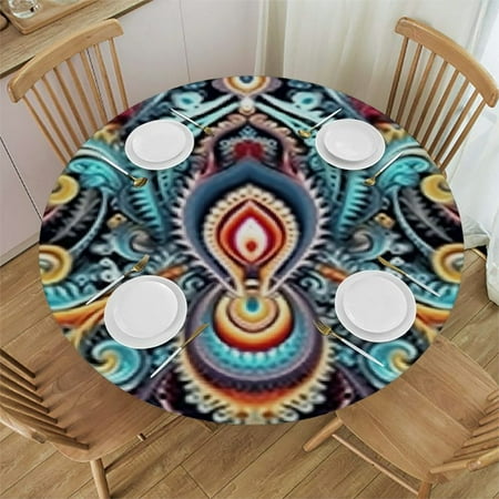 

HAOXIT Round ted Tablecloth Style Motif and wipeable Table Cover for Parties for Round Table Navy Teal 31-35