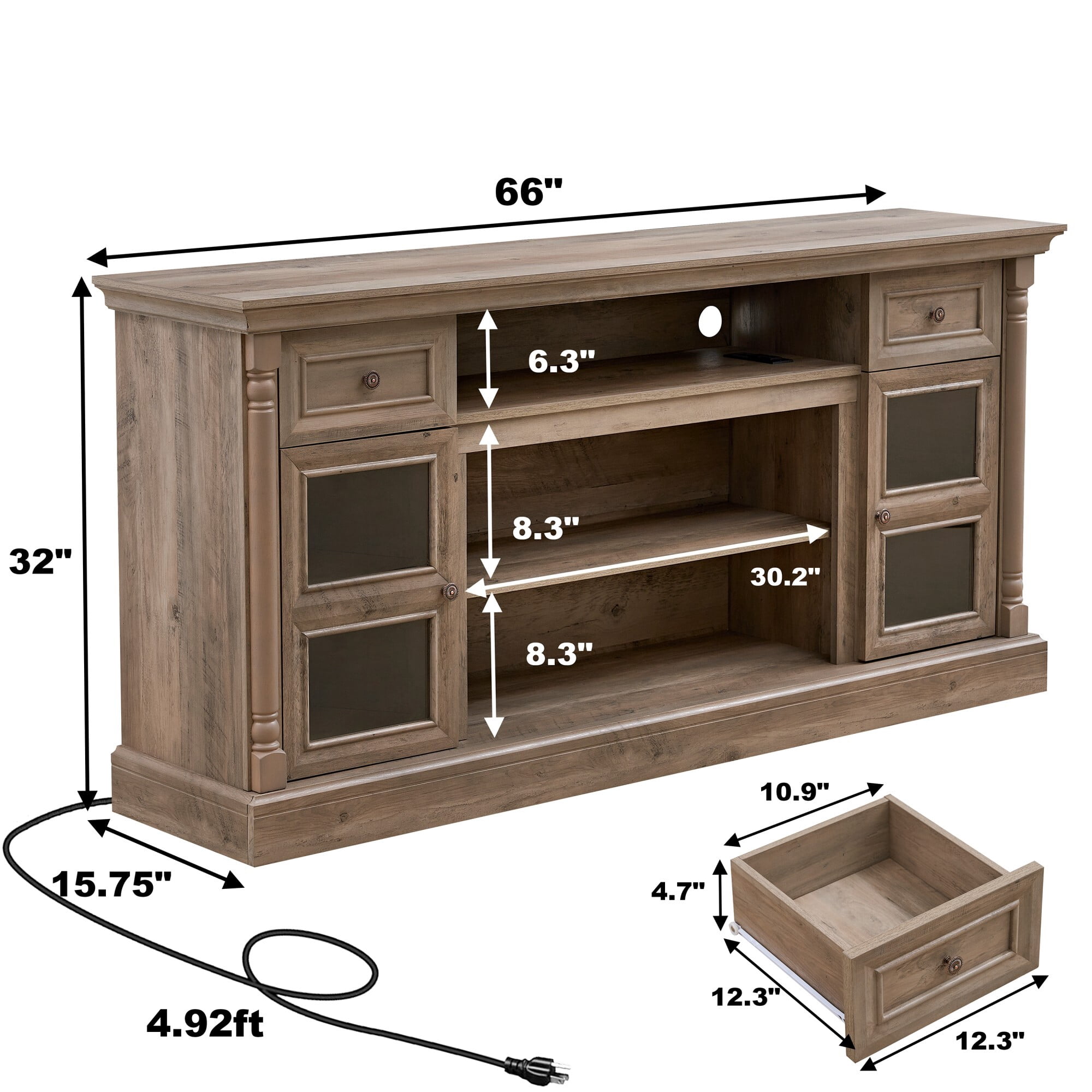 AENKYO 66" Farmhouse TV Stand with RGB LED Lights, Adjustable Shelves & Glass Doors for TVs up to 70in, Walnut