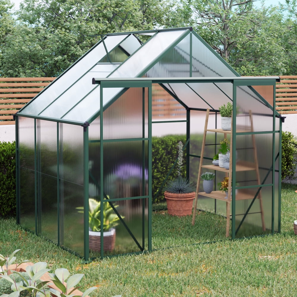 8x6 FT Green Polycarbonate Greenhouse, Double Door Walk-In Design with Anchored Base for All-Season Use