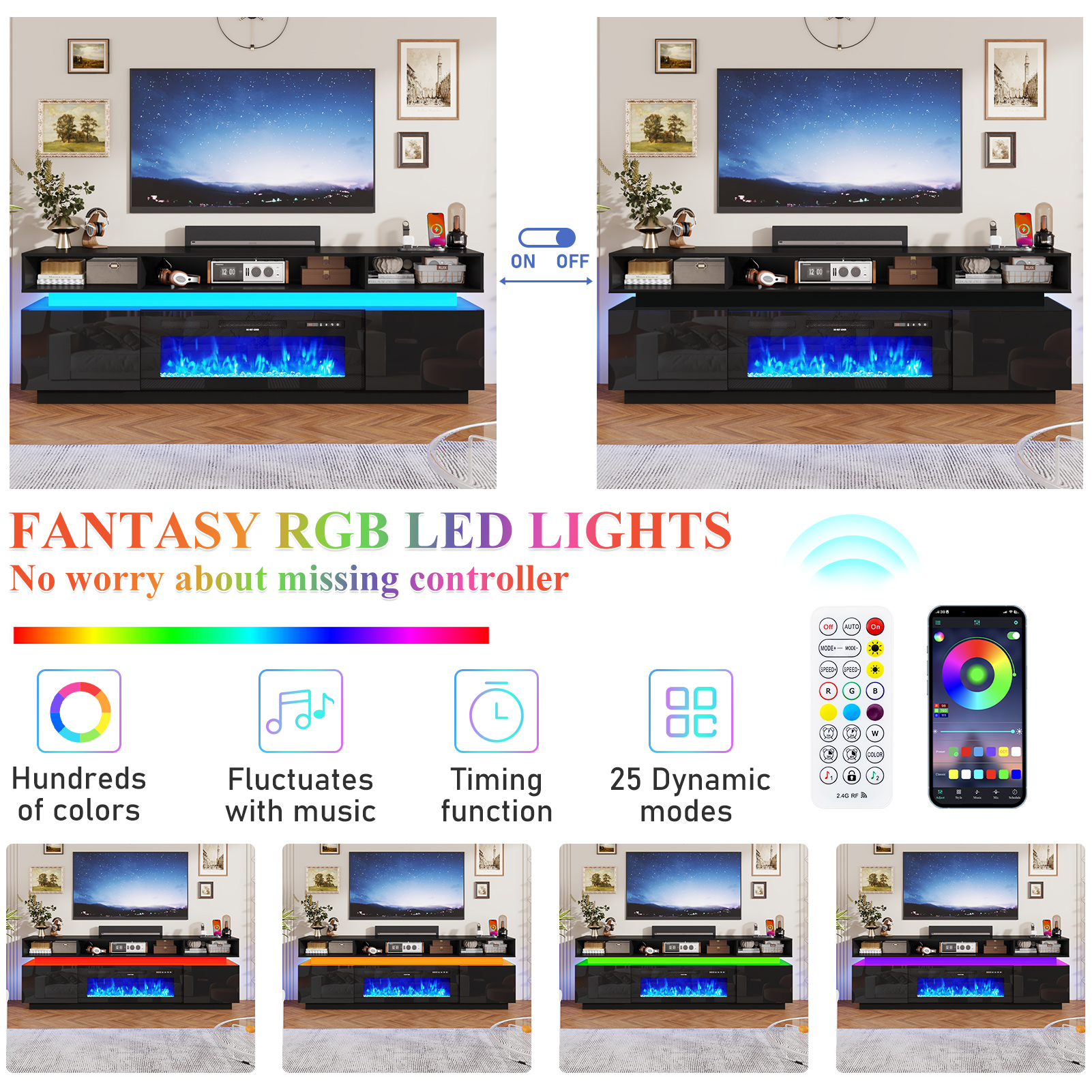 Chvans 82.7" Fireplace TV Stand for 95" TVs with LED Lights, Black photo 2