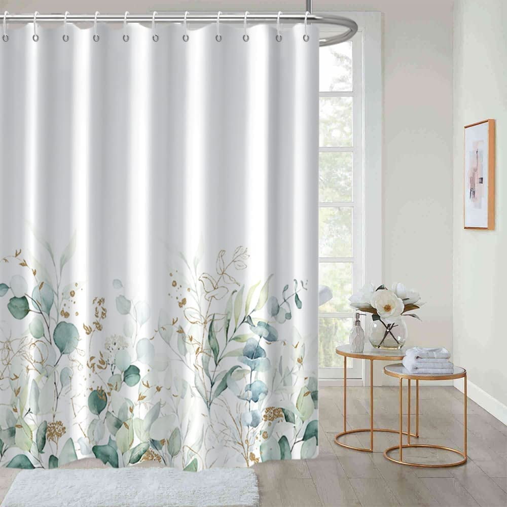 Eucalyptus Shower Curtain, Abstract Sage Green and Gold Leaves Shower