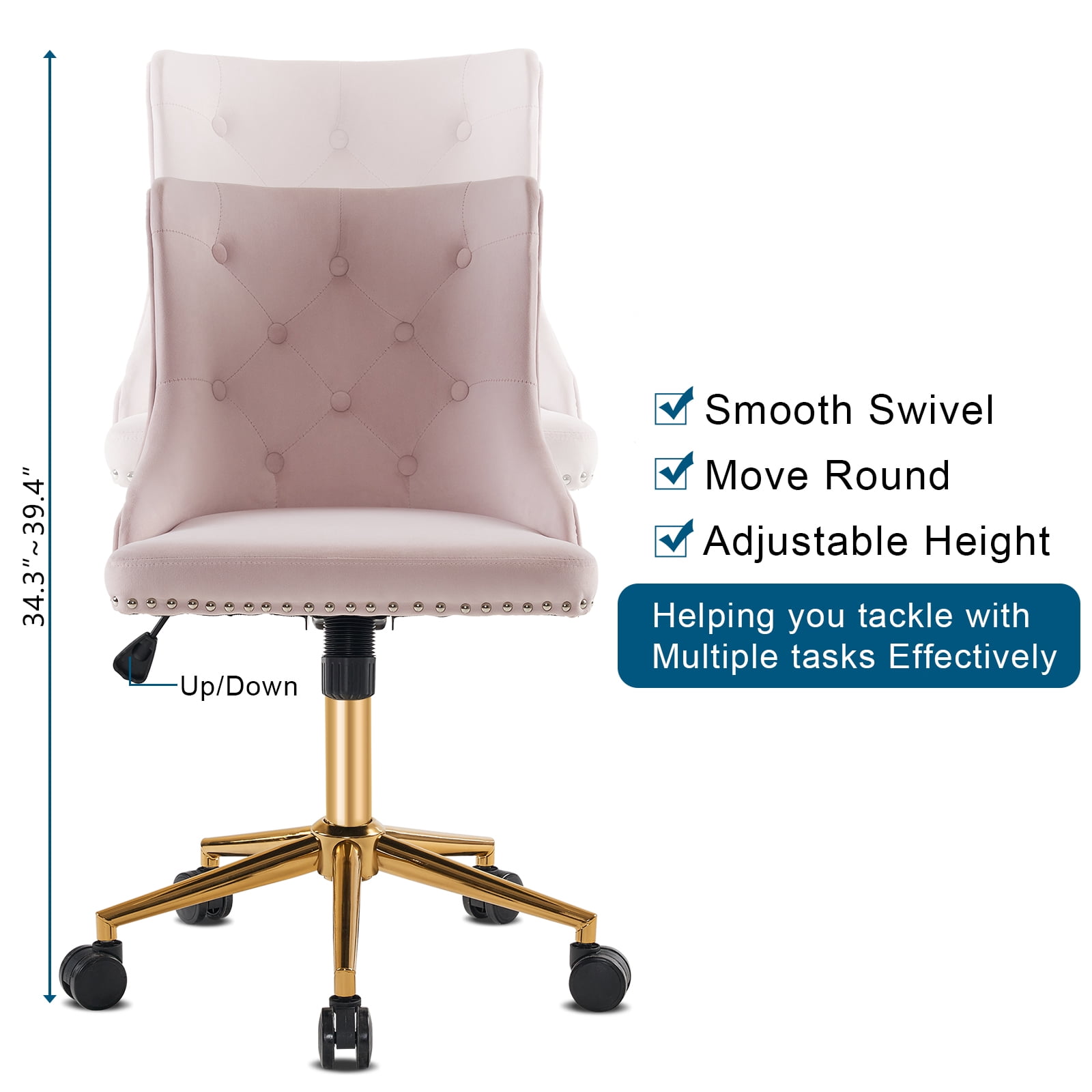 UBesGoo Armless Office Chair Flannel Computer Task Chair Adjustable Swivel Vanity Chair with Ergonomic Backrests and Wheels for Conference and Home Light Pink & Gold