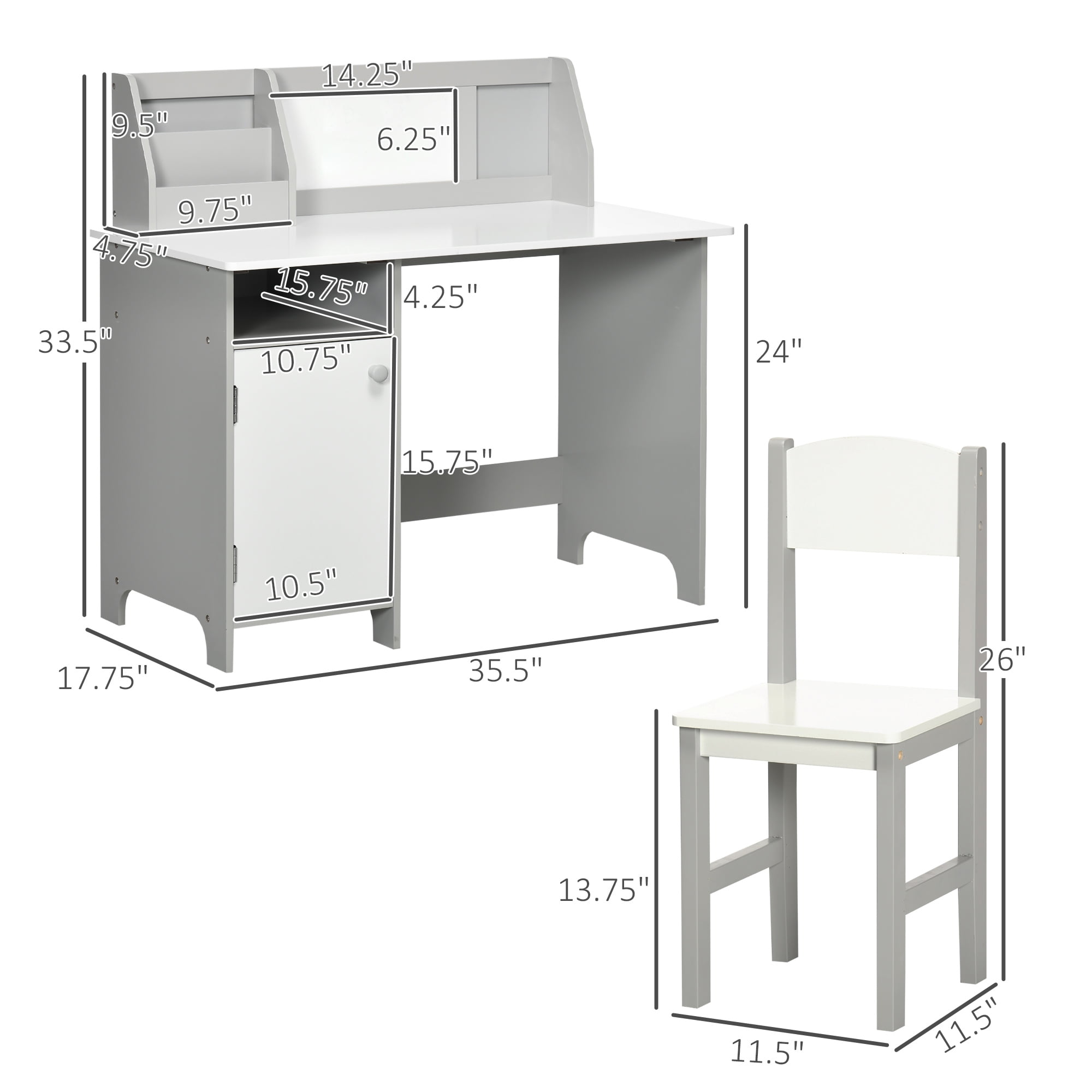 Qaba Toddler Table and Chair Set, with Whiteboard, Kids Writing Desk Homework Table, Gray