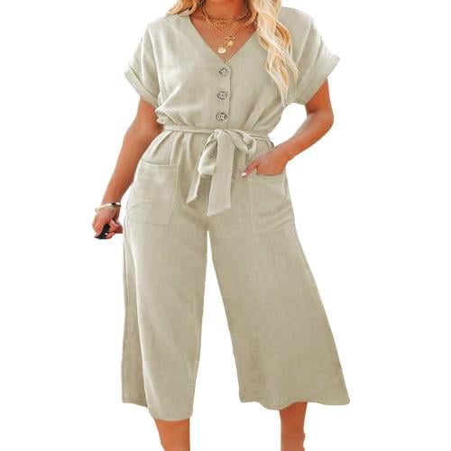 ZIZOCWA Women Short Sleeve Ribbed Knit Jumpsuit Women Tuxedo Suit Plus Size  Women Casual Solid V Neck Short Sleeve Button Pocketed Wide Leg Jumpsuits