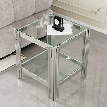 Modern Tempered Glass Top End Table with Silver Stainless Steel Frame