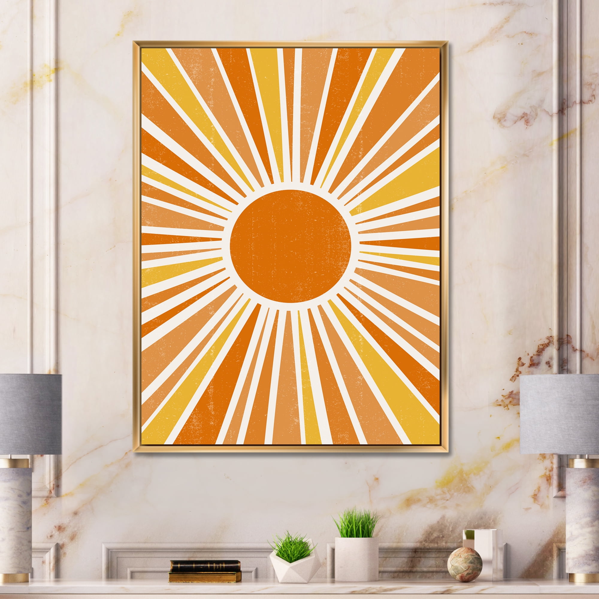 Designart 'Minimal Bright Shining Orange Sun Rays I' Modern Framed Canvas Wall Art Print