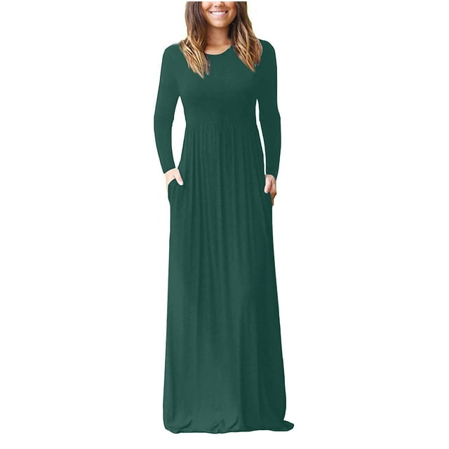 KIHOUT Robe Femme Décontractée à Manches Longues Aguichant Grande Taille Ample Unie avec Poches Longue Robe Maxi