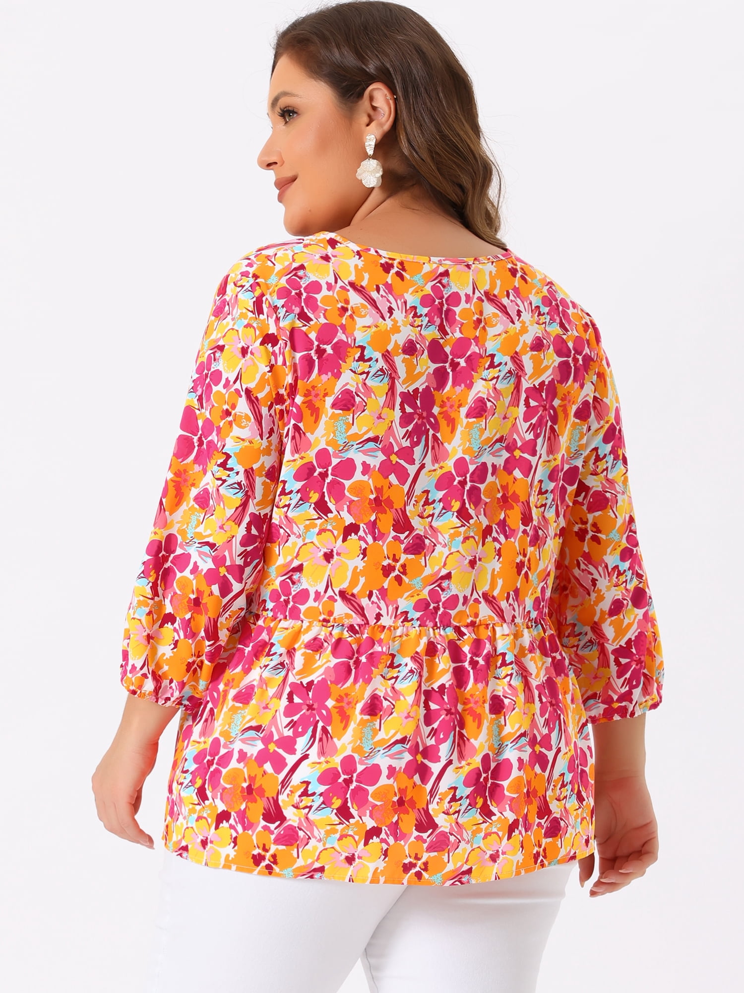 Unique Bargains Women's Plus Size V Neck Flowy 3/4 Sleeve Floral Blouse 4X Orange Pink
