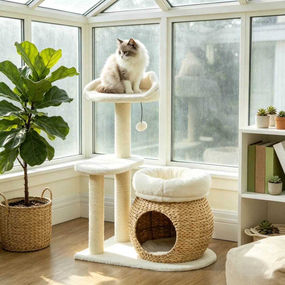 Cat Tree Activity Play Center, Cream White Cat Tower with Scratching Posts, Platform, Toy Ball, Cat Condo and 2 Beds, Soft Bunny Velvet Cat Furniture for 1-2 Cats Up to 11 lbs