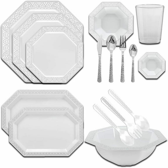 LACETAGON ELEGANT PLASTIC DISPOSABLE TABLEWARE MEGA PARTY PACKAGE (100 Qty)