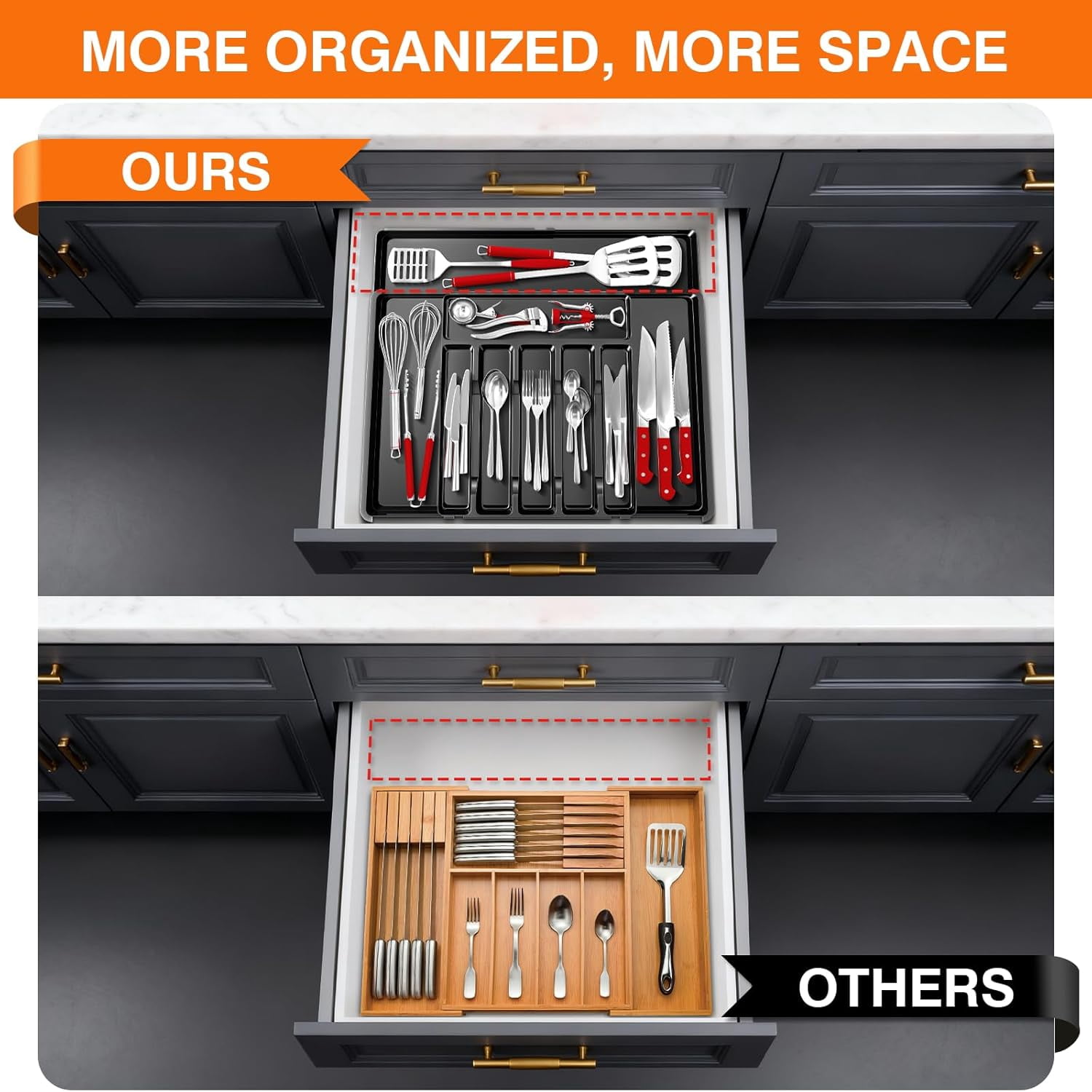 Large , Expandable BPA Free Kitchen Silverware Drawer Organizer, 9 Slots Cutlery Utensil Tray with Dividers, Adjustable Flatware Storage Holder for Spoons Forks Knives