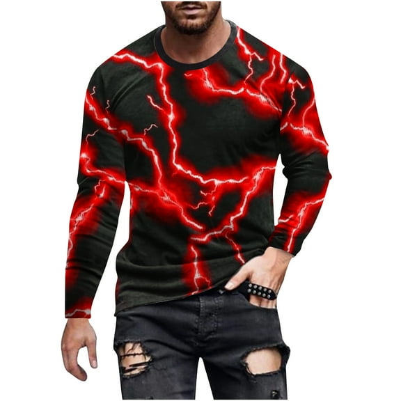 BZGTZT Men's Lightning Graphic Pullover Stylish 3D Printed Blouse Loose Long Sleeve Tops Casual Round Neck Shirts
