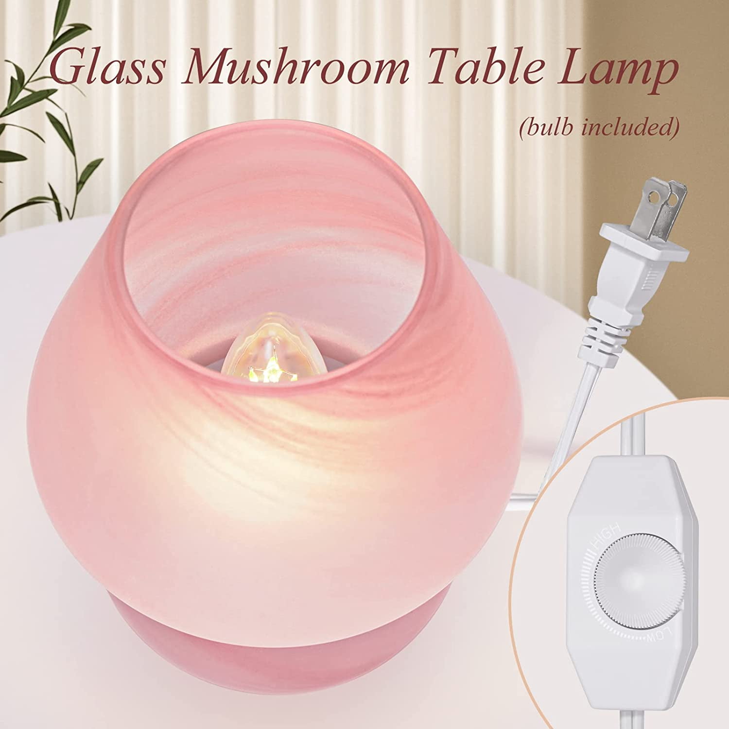 Mushroom Table Lamps Set of 2, Dimmable Glass Bedside Lamp, Cute Small Nightstand Lamp for Living Room, Bedroom, Home Decor, 7.1'' H, Pink