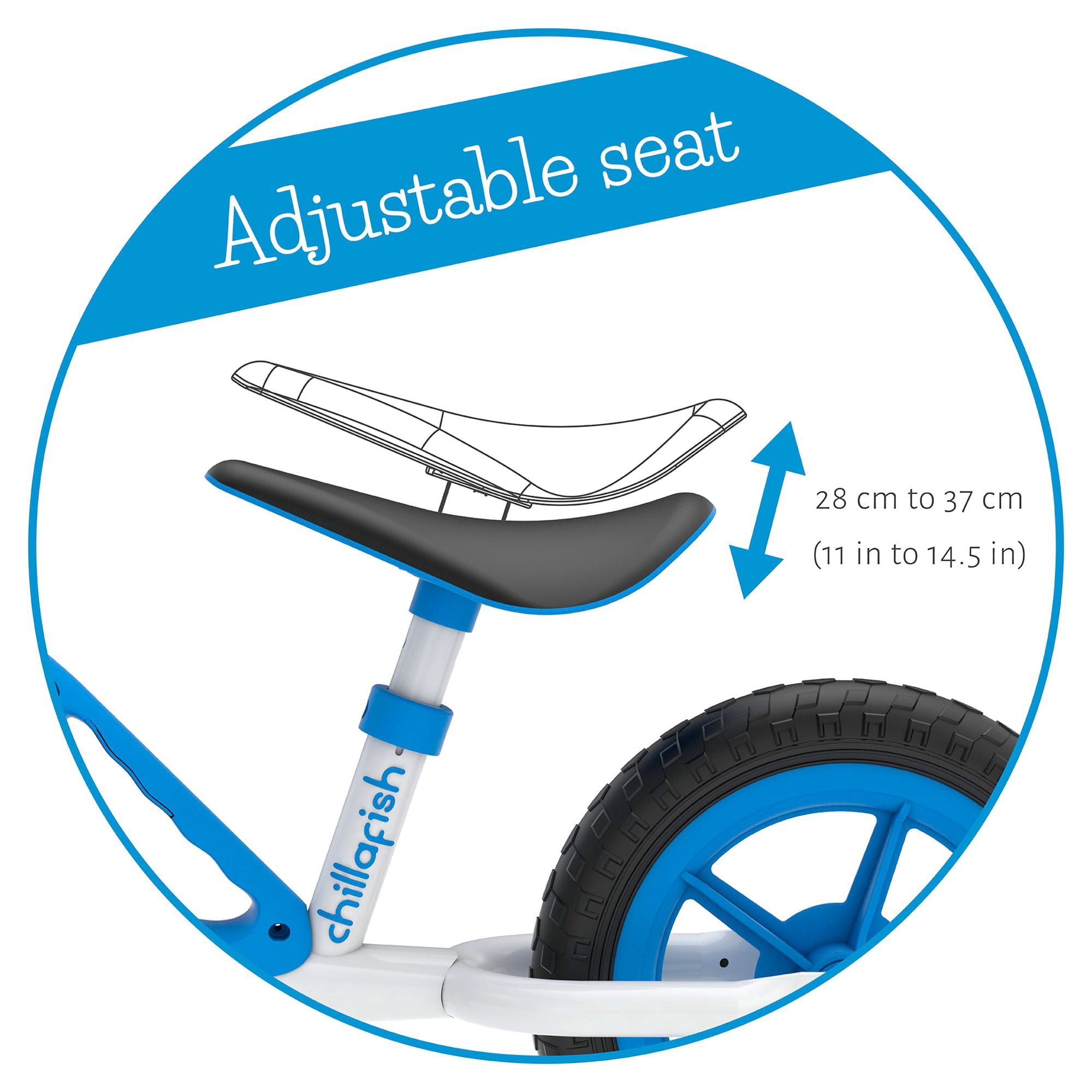 Chillafish Charlie lightweight toddler balance bike with carry handle, adjustable seat and handlebar, puncture-proof 10-inch wheels, for kids 18-48 months, Blue